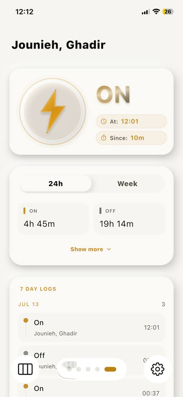 Kahraba ON/OFF electricity status dashboard